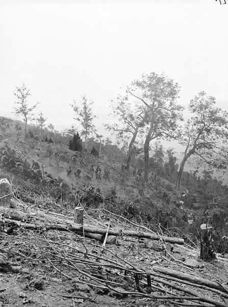 Stereograph from the Panorama of the Battle of Missionary Ridge, Union Troops Ascending the Ridge, painted in 1885. It was painted by Eugen Bracht's Berlin-based panorama company and first exhibited in Kansas City in 1886. It was destroyed by a tornado in Nashville, Tennessee.  From Bennett's series "Wanderings Among the Wonders and Beauties of Western Scenery."