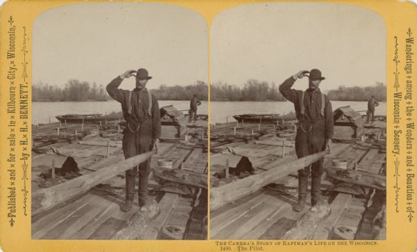 Stereograph view of Archie Young, pilot and logging camp foreman for the Arpin Lumber company holding the rudder. A second man, Zack Dugas, a cousin is in the background.