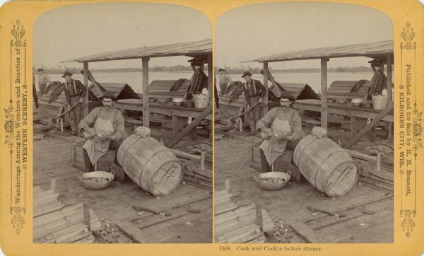 Stereograph of a group of men on a raft. The man in the foreground is sitting and peeling potatoes. The young man splitting wood is Ashley Bennett, son of the photographer H.H. Bennett. Two additional men are standing in the background.
