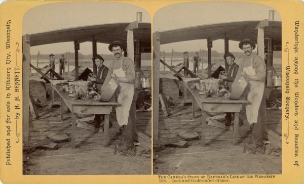 Stereograph of Ashley Bennett ("Cookie") who volunteered his services during the float, and the cook Mike Lane, on the Arpin fleet of lumber rafts.