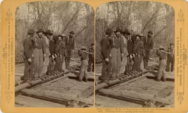 Stereograph of raftsmen putting down a spring pole in the Dells.
