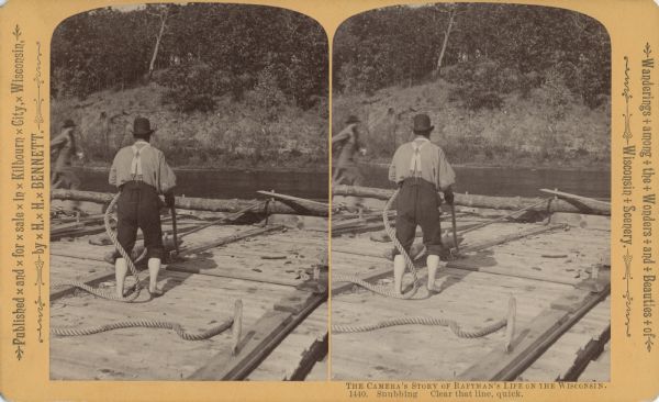 Stereograph of a raftsman holding a rope as a second man runs towards the edge of the raft.