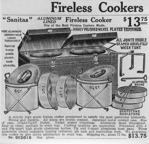 Sears Roebuck catalog page of heating radiator, kettles, and pans.