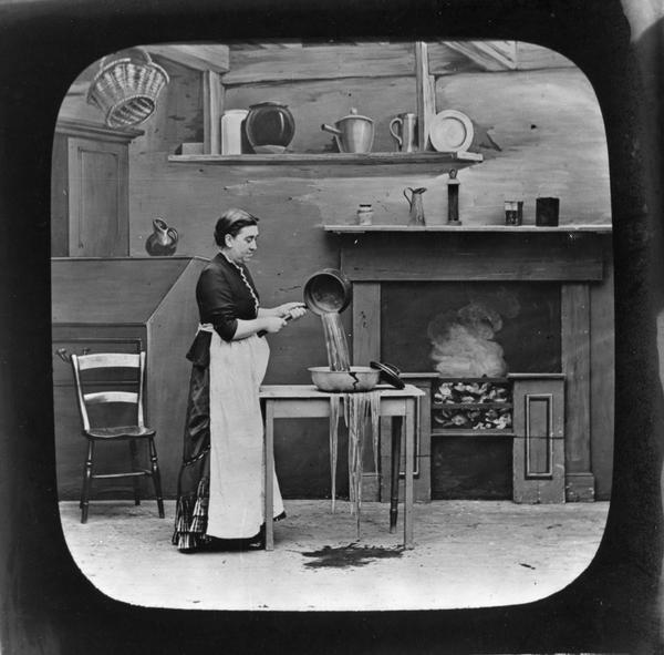 Composite photograph/painting of a woman standing and pouring (fake) water into a cracked basin, with the water spilling onto the floor.