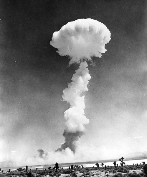 A mushroom cloud from possibly Yucca Flats, Nevada where there was a nuclear bomb test.