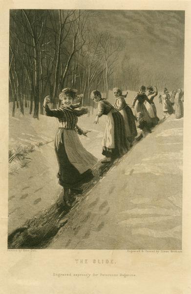 Engraving for "Peterson's Magazine" of women in maids' uniforms sliding down an icy path in the snow.