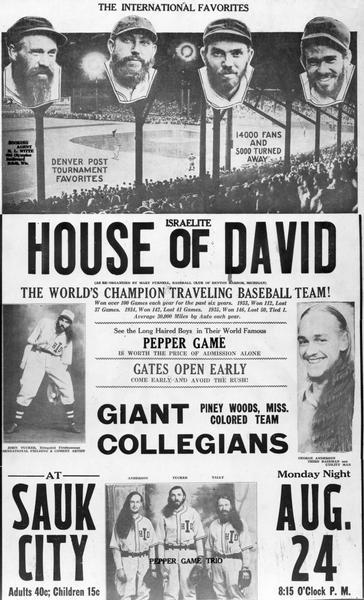 The "House of David" traveling baseball team advertisement for an upcoming game.