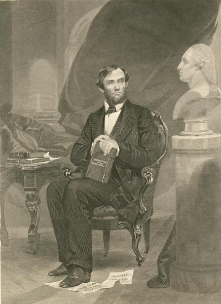 A full-length seated portrait of Abraham Lincoln in the form of a print from the "likeness of a photograph."
