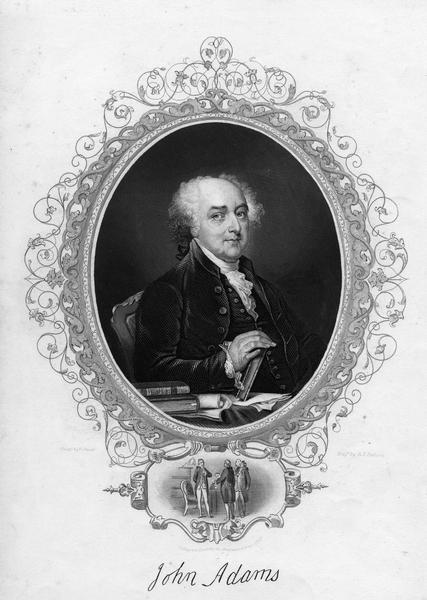 Engraving by R.E. Babson of painting of John Adams by G. Stuart, with inset of "Talleyrand Receiving the American Envoys, 1797."
