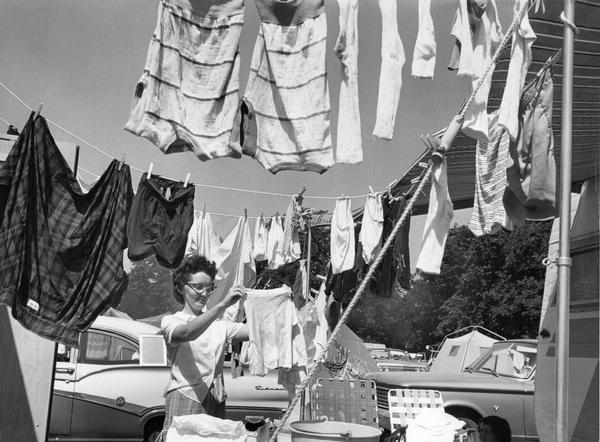 Jehovah's Witnesses assembly camper doing laundry.