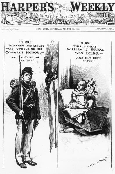 Cover of <i>Harper's Weekly</i>, with a pro-William McKinley Presidential cartoon depicting McKinley as a soldier in 1861 and William Jennings Bryan as an infant in 1861. The cartoon suggests both men are acting in similar roles in 1896.