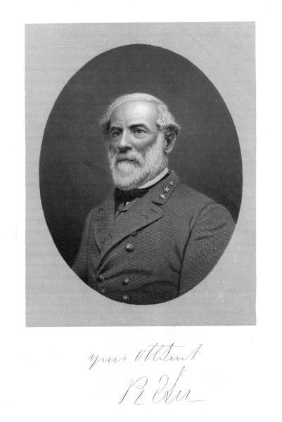 Head and shoulders portrait engraving of Robert E. Lee.