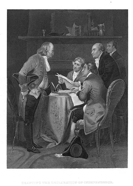 An engraving of Benjamin Franklin, Thomas Jefferson, John Adams, Philip Livingston, and Roger Sherman, drafters of the Declaration of Independence gathered around a table.