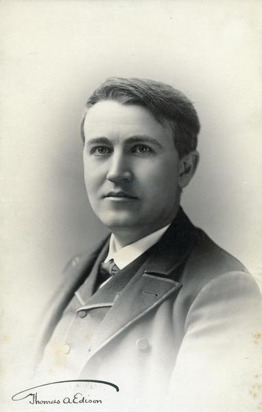 Quarter-length portrait of a young Thomas Alva Edison.