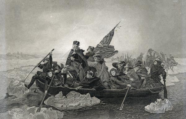 Engraving of George Washington and his troops rowing across an icy Delaware River to attack the British, from the painting by E. Leutze.