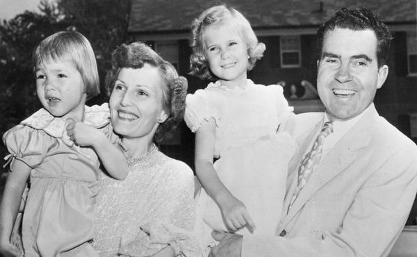 Group portrait of Richard M. Nixon and his family during the 1952 presidential election campaign when he was the running mate in Dwight D. Eisenhower's successful race for president.