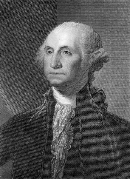 Quarter-length portrait engraving of George Washington.