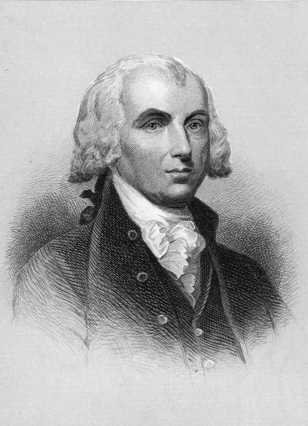 Portrait engraving of James Madison from a painting by Gilbert Stuart.