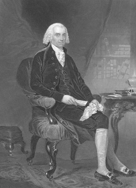 Portrait engraving of James Madison seated, from a painting by Chappel.