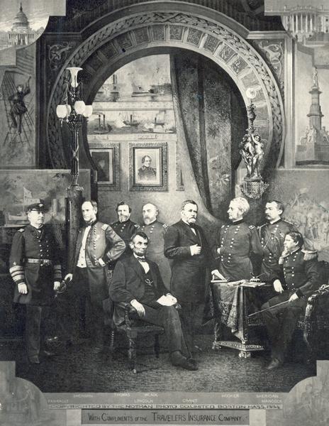This composite portrait of David G. Farragut, William T. Sherman, George H. Thomas, Abraham Lincoln, George G. Meade, Ulysses S. Grant, Joseph Hooker, Philip H. Sheridan, and Winfield S. Hancock was originally used as advertising by the Travelers Insurance Company and issued as a reproduction in 1961 to commemorate the centennial of the Civil War. It is one of the first known examples of the composite photo process and of the use of photography in advertising.
