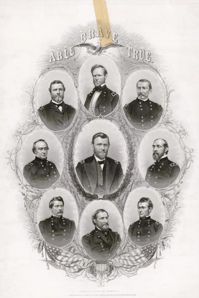 Engraving of portraits of Generals in the Union Army during the Civil War. U.S. Grant is in the center, with H.W. Halleck on his left, and clockwise from there, George H. Thomas, William T. Sherman, Philip H. Sheridan, George G. Meade, Joseph H. Hooker, William S. Rosecrans, and George B. McClellan.