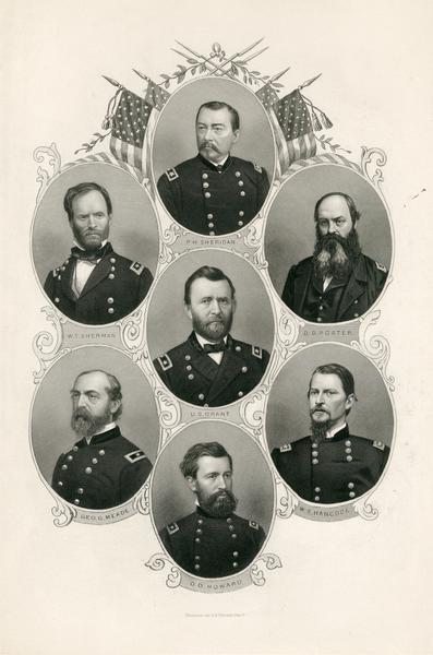 Engraving of portraits of Civil War Union Army generals, clockwise from the top, P.H. Sheridan, D.D. Porter, W.S. Hancock, O.O. Howard, George G. Meade, W.T. Sherman, and U.S. Grant in the center.