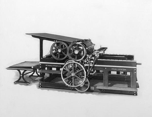 A flat bed, 2-revolution, 2-roller, rear delivery printing press, manufactured by the Miehle Printing Press and Manufacturing Co. of Chicago and New York.