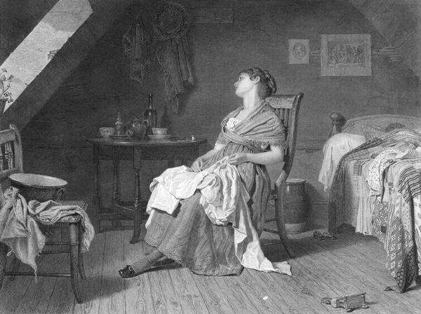 Engraving of a woman sitting in a chair with light from an attic window shining on her face. Next to her is a rumpled bed and a pull-toy overturned on the floor.
