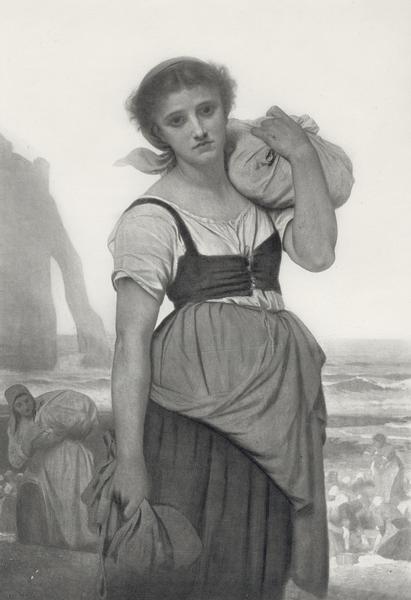 Engraving of a woman carrying a bundle of clothing and standing with her back to the sea. Behind her other women are in the process of doing wash in the water.