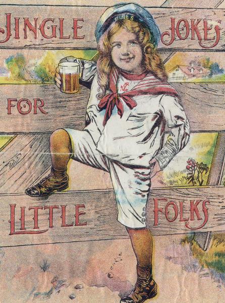 Illustration of a little boy wearing a sailor outfit, holding a glass, and leaning against a fence.  It was probably used for advertising Hires Root Beer, as his hat bears the name "Hires."