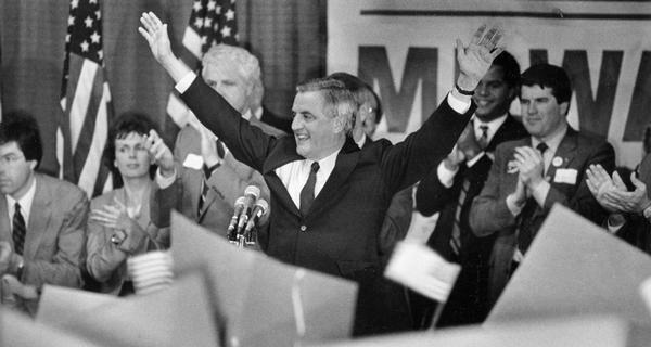 Walter Mondale campaigns for president in 1984 during his failed run against Ronald Reagan.