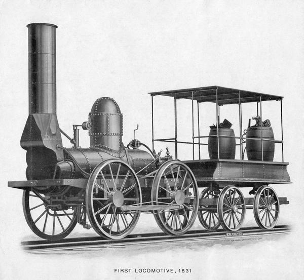 Locomotive with barrels of cargo, sits on the tracks. The caption reads: "First Locomotive, 1831".