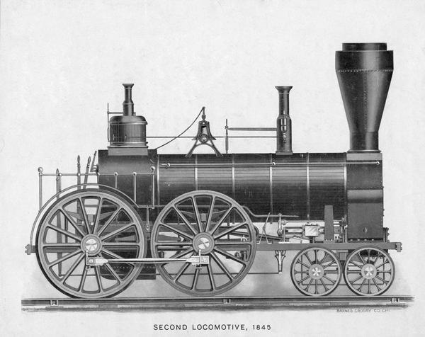 A depiction of the Second Locomotive is shown on the tracks and ready to roll. Caption reads: "Second Locomotive, 1845."