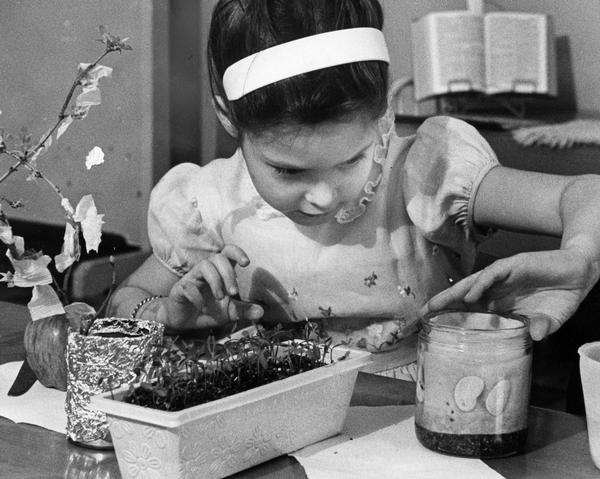 A girl inspects the growth of potted seeds.