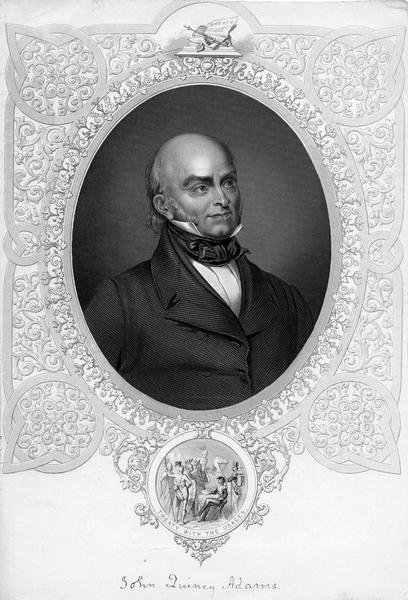 A portrait engraving of John Quincy Adams, 6th U.S. president, with an inset of "Treaty With the Osages" at the bottom.