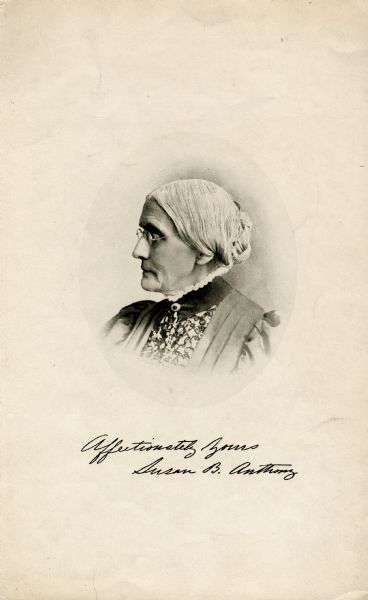 A portrait of an elderly Susan B. Anthony. She is known primarily for her leadership in the women's rights movement, but was also an activist for other social causes, including temperance and the abolition of slavery.