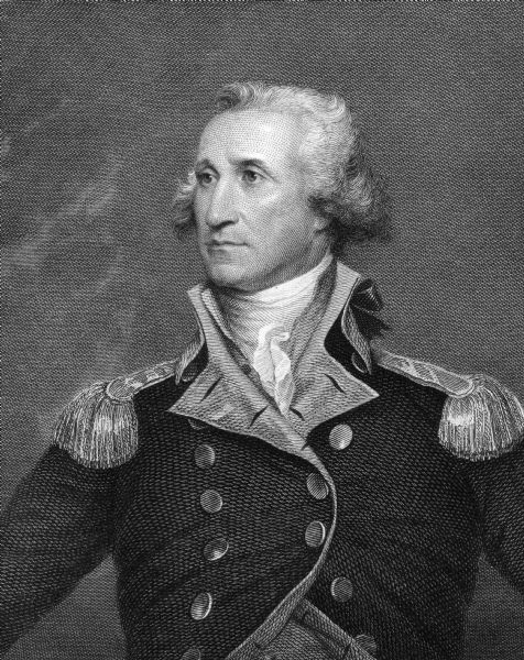 Portrait engraving of George Washington in military regalia, from a painting by Colonel Trumbull.