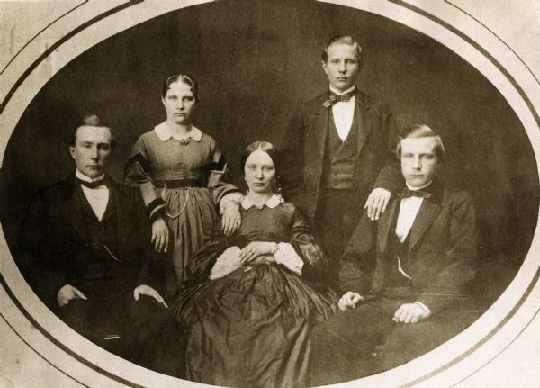 Group portrait of (l to r) philanthropist John D. Rockefeller, Sr., his cousins Mary Ann & Lucy Ann, brother William, Jr., and cousin Frank.
