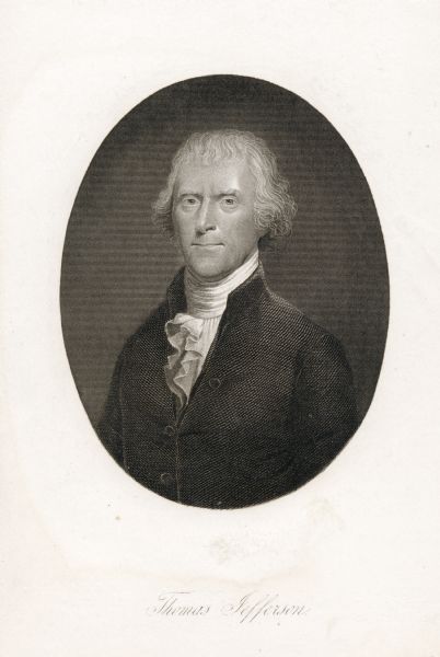 Portrait engraving of Thomas Jefferson.