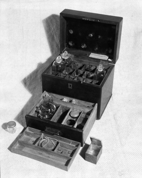 A medicine chest and its contents on display at the Wisconsin Historical Museum.