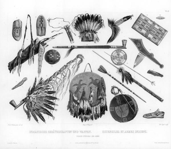 Indian Utensils and Arms. An engraving illustrating 18 various objects used in ceremonial and daily life of American Indians.