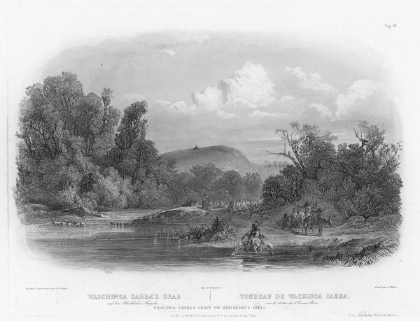 Engraving of Indians on horseback along river with Indian grave on hill in background.