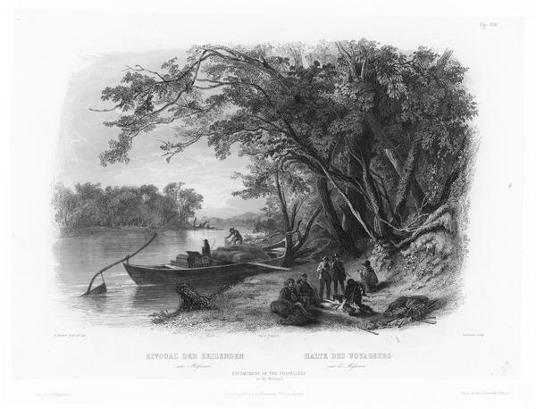 Travellers setting up camp along the Missouri River.