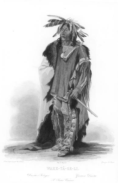 Engraving of Wahk-Tä-Ge-Li, a Sioux Indian in warrior dress.