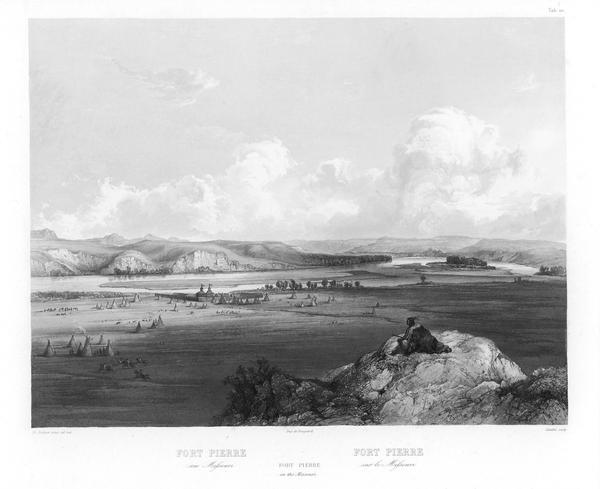 Black and white engraving showing landscape with Fort Pierre and Indian tipis along the Missouri River.