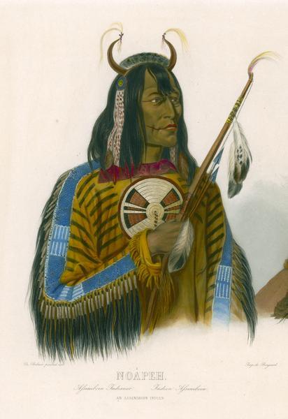 Noápeh, an Assiniboin Indian, holding a bow and arrows, and wearing a horned headdress.