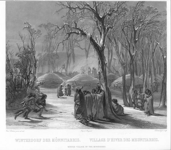 Scene showing Minatarre Indians moving about their village during the winter season.