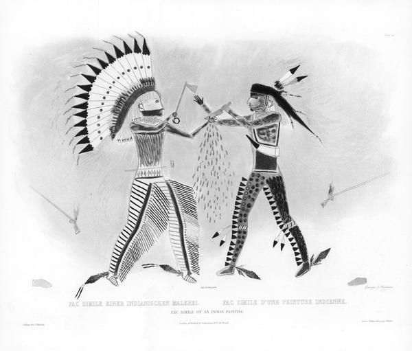 A facsimile of an Indian painting, originally painted by the Mandan chief, Máto-Tópe. It portrays an encounter between Máto-Tópe and a Cheyenne chief.