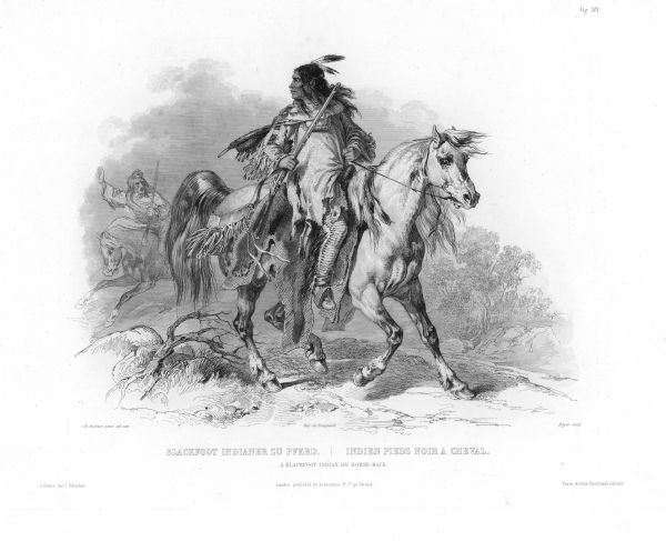 A Blackfoot Indian on horseback.