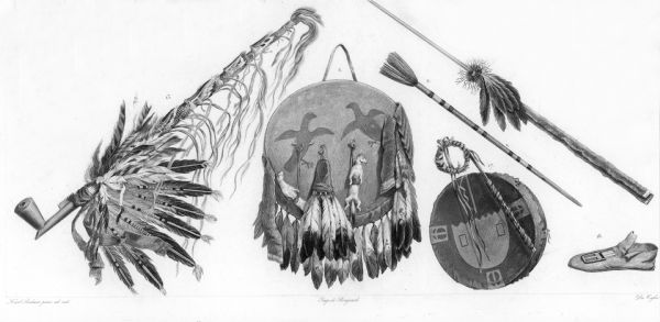 Indian utensils and arms (views 13-18). Included are a pipe, arrow, moccasin, and possibly a drum and shield.